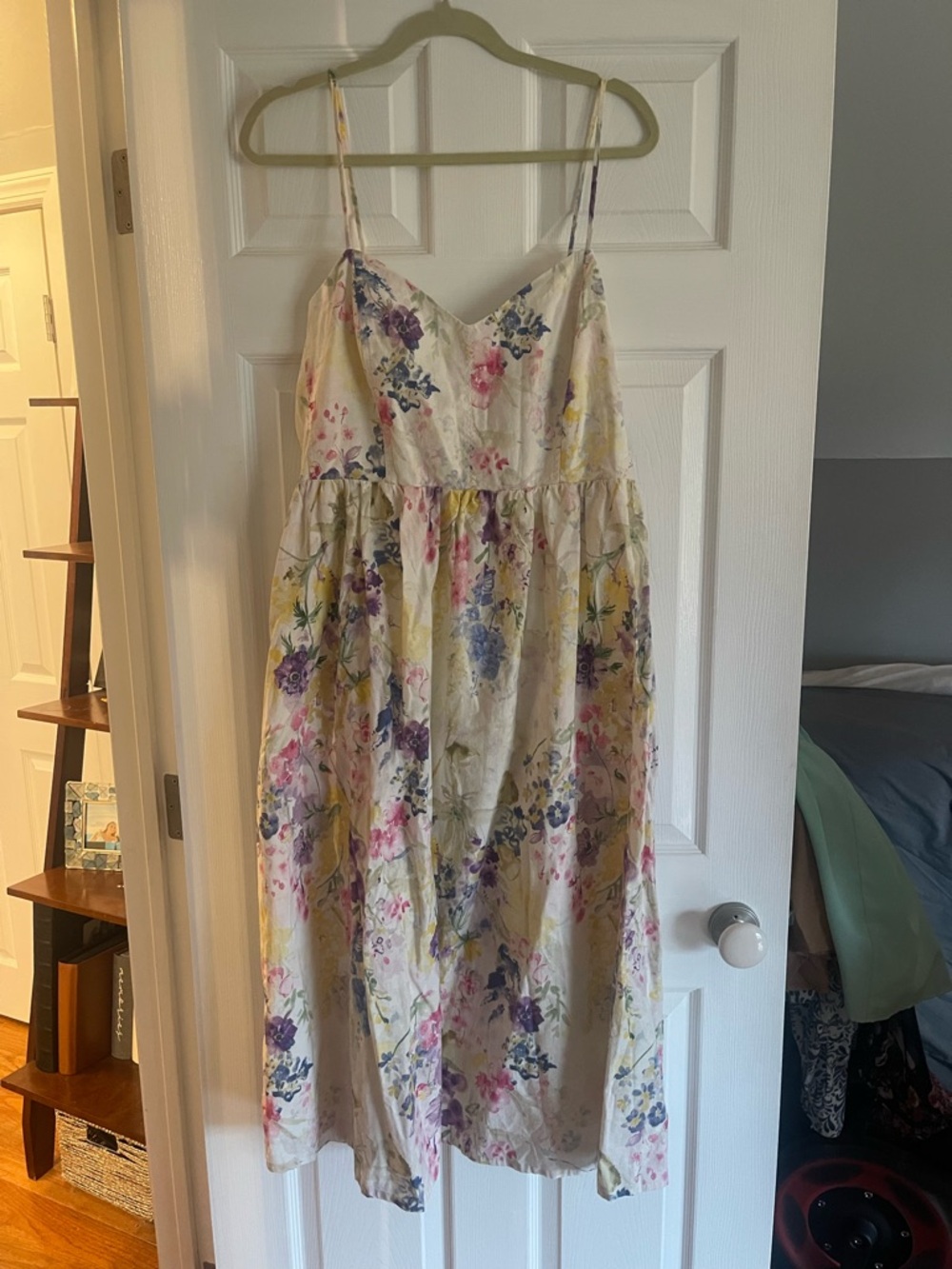 H&M Cream Floral Smocked Midi Dress with Pink, Purple & Yellow linen
